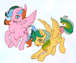 Size: 1150x950 | Tagged: safe, artist:tsukuda, masquerade (g1), whizzer, pegasus, pony, twinkle eyed pony, g1, bow, cute, female, flying, g1 masqueradorable, lesbian, mare, masquerade can fly, shipping, spread wings, tail, tail bow, underhoof, whizzabetes, whizzer can fly, whizzerade, wings