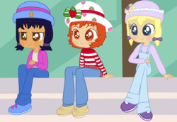 Size: 3008x2072 | Tagged: safe, artist:toybonnie54320, artist:yaya54320, edit, equestria girls, g4, angel cake (strawberry shortcake), base used, clothes, crossover, equestria girls style, equestria girls-ified, ginger snap (strawberry shortcake), hat, high res, shoes, strawberry shortcake, strawberry shortcake (character), sweater