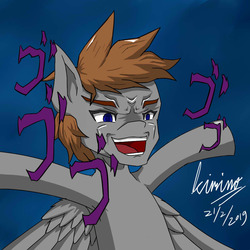 Size: 984x984 | Tagged: safe, artist:kiminofreewings, oc, oc only, oc:kimino, pegasus, pony, anime, armpits, bust, dio brando, jojo's bizarre adventure, male, meme face, original art, ponified, reference, simple background, solo