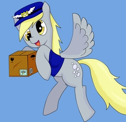 Size: 1275x1228 | Tagged: safe, artist:ruiont, derpy hooves, pegasus, pony, g4, blue background, box, clothes, cutie mark, female, flying, hoof hold, mailmare, mare, open mouth, simple background, solo, spread wings, wings