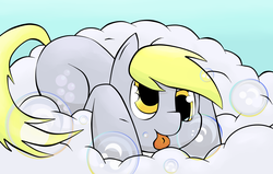 Size: 1870x1190 | Tagged: safe, artist:ruiont, derpy hooves, pegasus, pony, g4, blue background, cloud, cutie mark, female, lying down, mare, on a cloud, prone, simple background, solo, tongue out