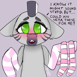 Size: 1000x1000 | Tagged: safe, artist:foxxo666, oc, oc only, oc:zebra north, zebra, blushing, clothes, dialogue, femboy, green eyes, male, socks, stallion, striped socks