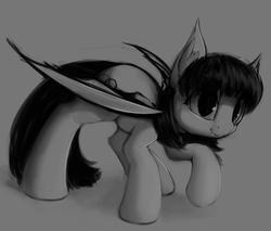 Size: 1513x1288 | Tagged: safe, artist:hitbass, oc, oc:lunette, bat pony, pony, bat pony oc, female, gray background, grayscale, mare, monochrome, simple background