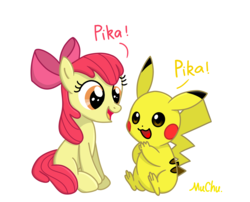 Size: 2438x1969 | Tagged: safe, artist:muchu, apple bloom, earth pony, pikachu, pony, g4, adorabloom, crossover, cute, ikue otani, pikabloom, pokémon, voice actor joke