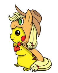 Size: 1840x2322 | Tagged: safe, artist:muchu, applejack, pikachu, pony, g4, clothes, hoodie, jacket, pokémon, ponymon