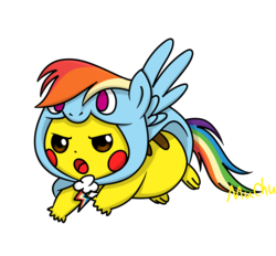 Size: 2142x1988 | Tagged: safe, artist:muchu, rainbow dash, pikachu, pony, g4, pokémon