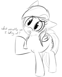 Size: 552x679 | Tagged: safe, artist:dotkwa, rainbow dash, pegasus, pony, g4, black and white, confused, dialogue, female, grayscale, head tilt, mare, monochrome, raised hoof, simple background, sketch, solo, white background