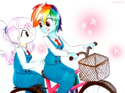 Size: 2246x1674 | Tagged: safe, artist:liaaqila, fluttershy, rainbow dash, equestria girls, g4, alternate hairstyle, bicycle, duo, ponytail, short hair, traditional art