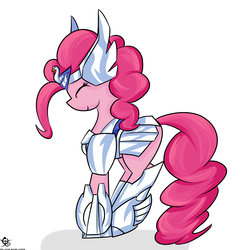 Size: 3936x3936 | Tagged: safe, artist:ruiont, pinkie pie, earth pony, pony, g4, armor, eyes closed, female, high res, hooves, mare, saint seiya, simple background, solo, white background