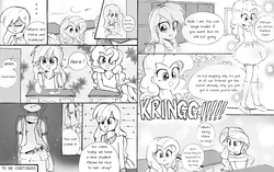 Size: 1927x1208 | Tagged: safe, artist:liaaqila, cheerilee, fluttershy, lightning dust, pinkie pie, rainbow dash, sunset shimmer, human, comic:the rainbooms, g4, :i, class, classroom, clothes, comic, converse, cross-popping veins, humanized, japanese reading order, monochrome, school, shoes, traditional art