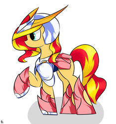Size: 3385x3622 | Tagged: safe, artist:ruiont, sunset shimmer, pony, unicorn, g4, armor, female, high res, hooves, horn, mare, raised hoof, saint seiya, simple background, solo, white background