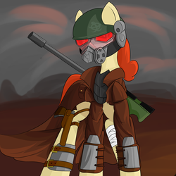 Size: 3937x3937 | Tagged: safe, artist:ruiont, oc, oc only, oc:batlatoya, pegasus, pony, bandage, clothes, fallout, fallout: new vegas, female, gun, helmet, high res, hooves, mare, mask, rifle, solo, veteran ranger, wasteland, weapon