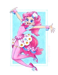Size: 1582x2048 | Tagged: safe, artist:chihirohowe, pinkie pie, human, g4, bow, clothes, cute, diapinkes, dignified wear, dress, female, gala dress, humanized, jumping, looking at you, marker drawing, open mouth, simple background, smiling, socks, solo, thigh highs, traditional art