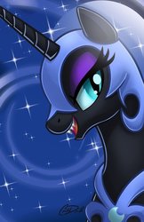 Size: 735x1136 | Tagged: safe, artist:christadoodles, nightmare moon, alicorn, pony, g4, armor, bust, ethereal mane, evil, eyelashes, fangs, female, looking at you, mare, open mouth, portrait, signature, solo, starry mane