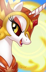 Size: 735x1136 | Tagged: safe, artist:christadoodles, daybreaker, alicorn, pony, g4, armor, bust, evil, eyelashes, fangs, female, looking at you, mare, open mouth, portrait, signature