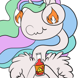 Size: 1280x1280 | Tagged: safe, artist:cutepencilcase, princess celestia, alicorn, pony, g4, :t, bottle, chest fluff, exclamation point, female, fire, flame eyes, fluffy, frown, hoof hold, hot sauce, impossibly long neck, long neck, mare, scrunchy face, shoulder fluff, simple background, solo, this will not end well, wat, wavy mouth, white background, wingding eyes