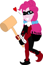 Size: 1280x1931 | Tagged: safe, artist:mrtheamazingdude, pinkie pie, human, equestria girls, g4, clothes, cosplay, costume, dc comics, female, hammer, harley quinn, heart, one eye closed, pigtails, pinkie quinn, solo, wink