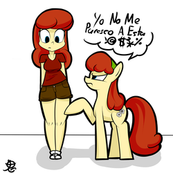Size: 2884x2884 | Tagged: safe, artist:ruiont, oc, oc only, oc:batlatoya, human, pegasus, pony, cutie mark, female, high res, humanized, mare, self ponidox, sitting, spanish description, spanish text, speech bubble, translated in the comments