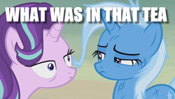Size: 1280x720 | Tagged: safe, starlight glimmer, trixie, g4, caption, image macro, implied drugs, text