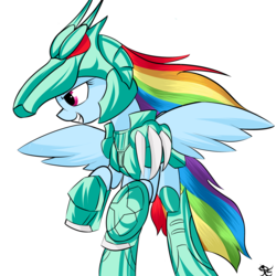 Size: 3621x3621 | Tagged: safe, artist:ruiont, rainbow dash, pegasus, pony, g4, armor, female, grin, high res, hooves, mare, saint seiya, simple background, smiling, solo, spread wings, white background, wings