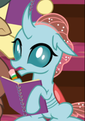 Size: 532x755 | Tagged: safe, screencap, ocellus, changedling, changeling, pony, g4, the end in friend, cropped, female, notebook, open mouth, pencil, sitting, solo, solo focus