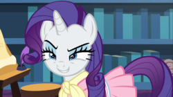 Size: 1666x936 | Tagged: safe, screencap, rarity, pony, unicorn, g4, the end in friend, bookshelf, camping outfit, clothes, dress, female, inkwell, mare, narrowed eyes, quill, smiling, solo