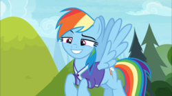 Size: 1668x930 | Tagged: safe, screencap, rainbow dash, pegasus, pony, g4, the end in friend, clothes, female, flying, jersey, mare, raised eyebrow, smiling, smirk, smug