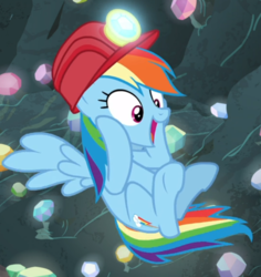 Size: 698x738 | Tagged: safe, screencap, rainbow dash, pegasus, pony, g4, the end in friend, cheek squish, cropped, excited, female, flying, gem cave, helmet, mare, mining helmet, open mouth, solo, spread wings, squishy cheeks, wings