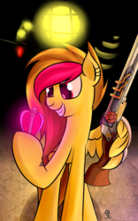 Size: 2403x3845 | Tagged: safe, artist:ruiont, oc, oc only, pegasus, pony, big daddy, bioshock, female, grin, gun, high res, hooves, looking at something, mare, smiling, weapon, wing hold, wings