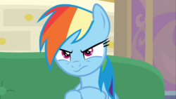 Size: 1667x937 | Tagged: safe, screencap, rainbow dash, pegasus, pony, g4, the end in friend, angry, crossed hooves, female, mare, narrowed eyes, rainbow dash is not amused, solo, unamused