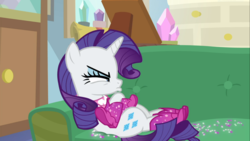 Size: 1665x937 | Tagged: safe, screencap, rarity, pony, unicorn, g4, the end in friend, angry, boots, couch, cute, female, lying down, madorable, mare, narrowed eyes, pouting, raribetes, shoes, solo