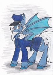 Size: 2464x3480 | Tagged: safe, artist:zubias, oc, oc only, oc:casablanca lily, bat pony, pony, clothes, female, high res, mare, solo, traditional art