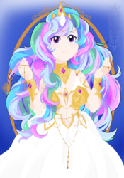 Size: 3000x4294 | Tagged: safe, artist:bigbuxart, princess celestia, human, g4, belly button, cute, female, horn, horned humanization, humanized, jewelry, long hair, midriff, regalia, smiling, solo