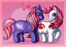 Size: 800x578 | Tagged: safe, artist:zanthu, pony, g1, baby, baby pony, first tooth baby ponies, purple valentine twin, shipping, valentine twins, white valentine twin