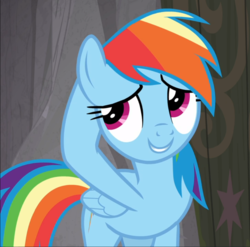 Size: 948x937 | Tagged: safe, screencap, rainbow dash, pegasus, pony, g4, the end in friend, cropped, embarrassed, female, hooves behind head, smiling, solo