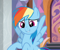 Size: 1133x938 | Tagged: safe, screencap, rainbow dash, pegasus, pony, g4, the end in friend, cropped, cute, embarrassed, female, flying, smiling, solo