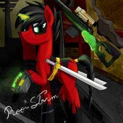 Size: 3408x3408 | Tagged: safe, artist:ruiont, oc, oc only, pony, unicorn, fallout equestria, fanfic, fanfic art, glowing horn, gun, high res, hooves, horn, levitation, magic, male, optical sight, pipbuck, red and black oc, rifle, solo, stallion, sword, telekinesis, weapon