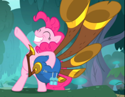 Size: 912x709 | Tagged: safe, screencap, pinkie pie, earth pony, pony, g4, yakity-sax, bipedal, cropped, eyes closed, female, hooves in air, mare, raised hoof, smiling, solo, yovidaphone
