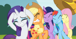 Size: 1217x626 | Tagged: safe, screencap, applejack, fluttershy, rainbow dash, rarity, twilight sparkle, alicorn, earth pony, pegasus, pony, unicorn, g4, yakity-sax, eyes closed, female, mare, twilight sparkle (alicorn)