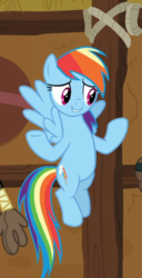Size: 478x937 | Tagged: safe, screencap, rainbow dash, pegasus, pony, g4, yakity-sax, cropped, female, flying, mare, raised hoof, solo, spread wings, underhoof, wings
