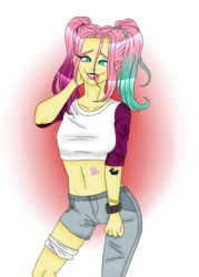 Size: 1000x1400 | Tagged: safe, artist:zima, fluttershy, human, g4, bracelet, crossover, female, humanized, jewelry, makeup, paint tool sai, ponytail, simple background, solo, suicide squad, tattoo, transparent background