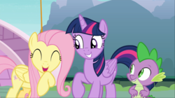 Size: 1666x935 | Tagged: safe, screencap, fluttershy, spike, twilight sparkle, alicorn, dragon, pegasus, pony, g4, yakity-sax, cute, eyes closed, female, male, mare, open mouth, raised hoof, shyabetes, smiling, trio, twiabetes, twilight sparkle (alicorn)