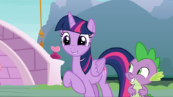 Size: 1665x938 | Tagged: safe, screencap, spike, twilight sparkle, alicorn, dragon, pony, g4, my little pony: friendship is magic, yakity-sax, cute, duo, female, male, mare, raised hoof, smiling, twiabetes, twilight sparkle (alicorn)