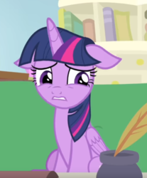 Size: 531x641 | Tagged: safe, screencap, twilight sparkle, alicorn, pony, g4, interseason shorts, starlight the hypnotist, cropped, female, floppy ears, nervous, scared, sitting, solo, twilight sparkle (alicorn)