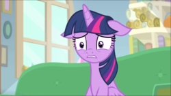 Size: 1365x770 | Tagged: safe, screencap, twilight sparkle, alicorn, pony, g4, interseason shorts, starlight the hypnotist, female, floppy ears, mare, scared, sitting, solo, twilight sparkle (alicorn)