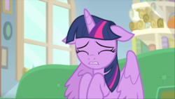 Size: 1366x769 | Tagged: safe, screencap, twilight sparkle, alicorn, pony, g4, interseason shorts, starlight the hypnotist, eyes closed, female, floppy ears, mare, scared, sitting, twilight sparkle (alicorn), wings