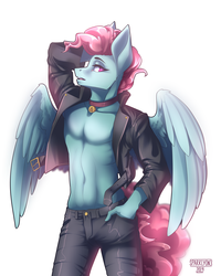 Size: 3200x4000 | Tagged: safe, artist:sparklyon3, oc, oc only, pegasus, anthro, rcf community, anthro oc, armpits, clothes, jacket, leather jacket, male, solo