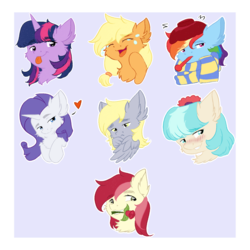 Size: 1678x1678 | Tagged: safe, artist:urpone, applejack, coco pommel, derpy hooves, rainbow dash, rarity, roseluck, twilight sparkle, alicorn, earth pony, pegasus, pony, unicorn, g4, blushing, chest fluff, clothes, covering, floating heart, floppy ears, flower, heart, laughing, open mouth, rose, scarf, sick, smiling, telegram sticker, thermometer, tongue out