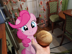 Size: 4000x3000 | Tagged: safe, artist:albertuha, pinkie pie, earth pony, pony, g4, bread, female, food, irl, mare, photo, ponies in real life, ponk, sitting, smiling, solo