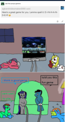 Size: 965x1803 | Tagged: safe, artist:ask-luciavampire, oc, bat pony, earth pony, pegasus, pony, unicorn, tumblr:ask-the-pony-gamers, 1000 hours in ms paint, ask, game, night, tumblr